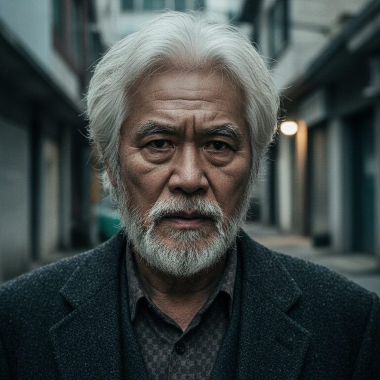 영화 반드시 잡는다에서 백윤식이 결의에 찬 표정으로 앞을 바라보는 클로즈업 장면