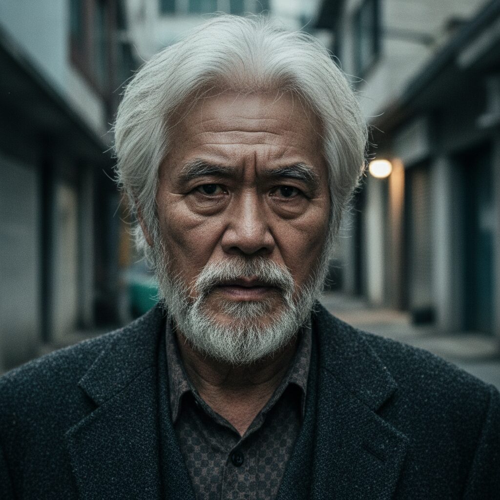 영화 반드시 잡는다에서 백윤식이 결의에 찬 표정으로 앞을 바라보는 클로즈업 장면