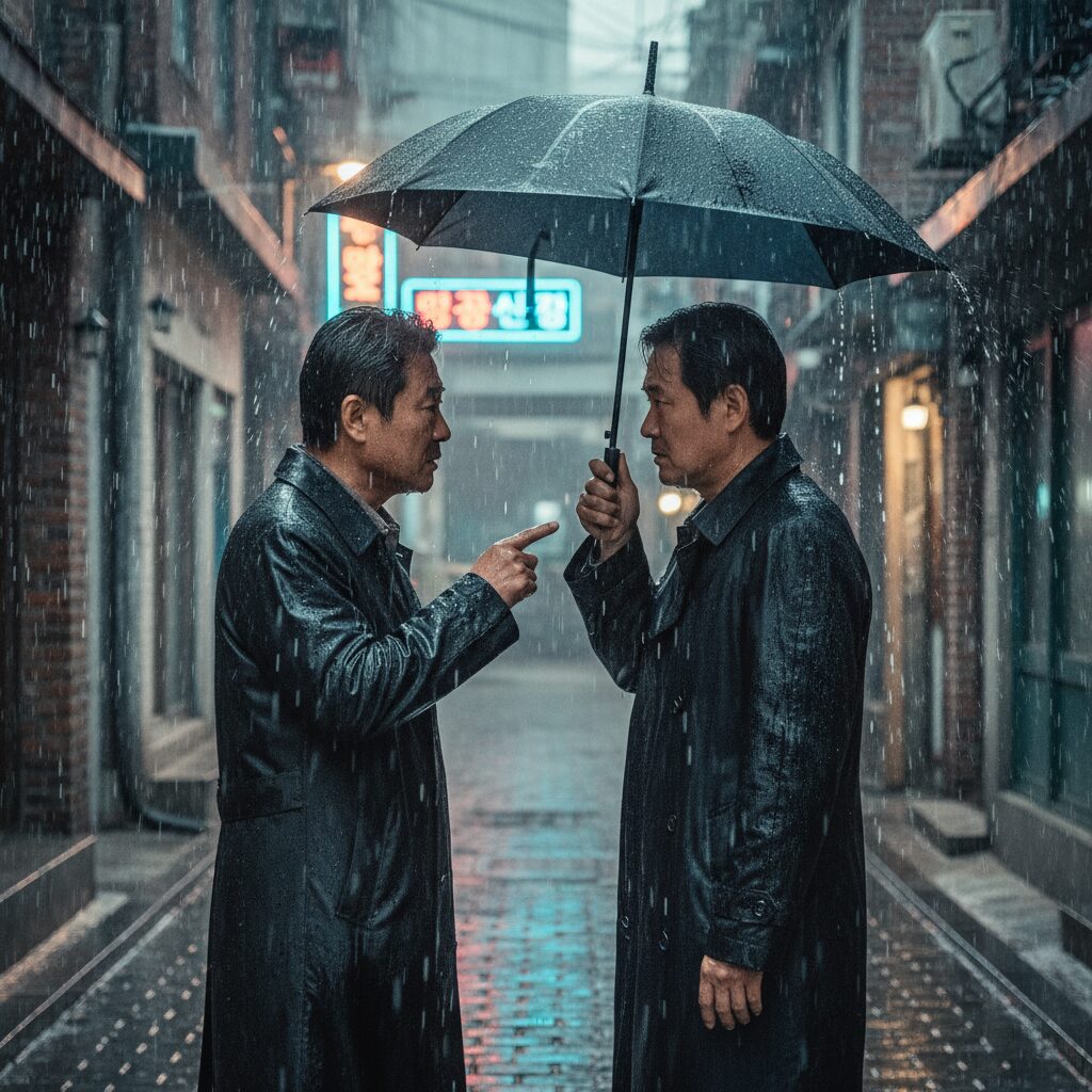 영화 반드시 잡는다에서 백윤식과 성동일이 빗속에서 대화하는 장면
