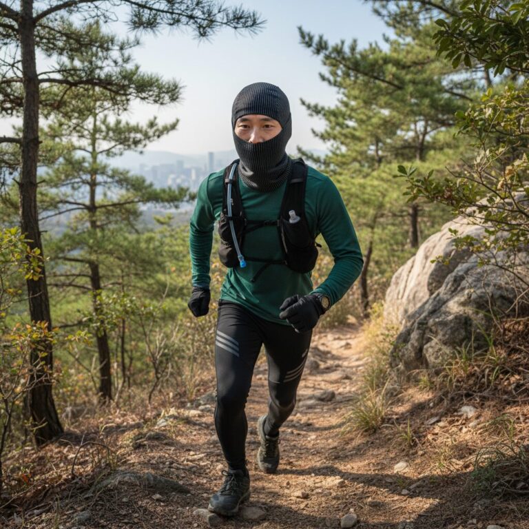 산로 발라클라바를 착용하고 등산이나 러닝을 하는 사람의 활동적인 모습을 보여주는 사진