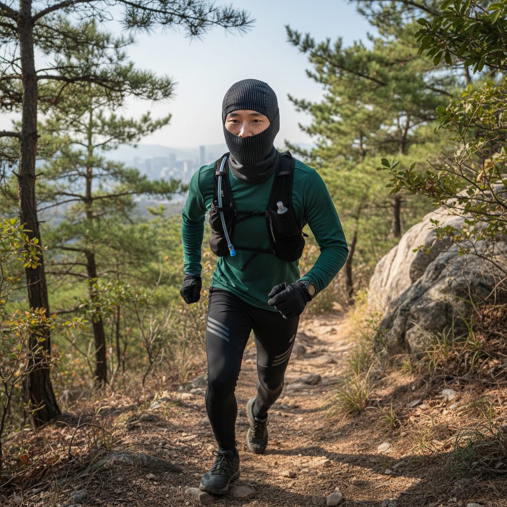 산로 발라클라바를 착용하고 등산이나 러닝을 하는 사람의 활동적인 모습을 보여주는 사진