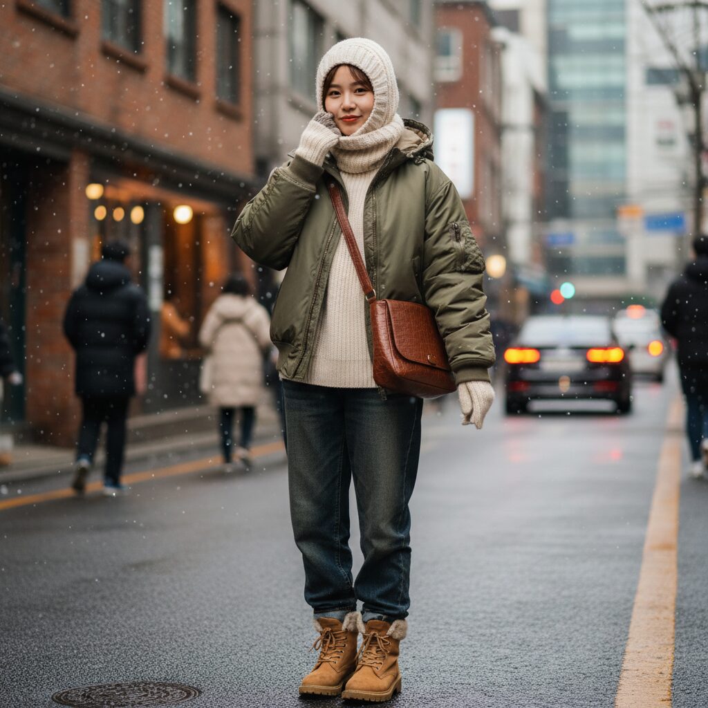 아이보리색 발라클라바를 착용하고 캐주얼한 겨울 옷을 코디한 여자의 스타일링 사진