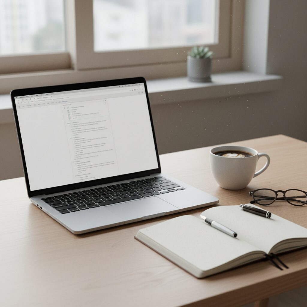 깔끔한 책상 위 노트북과 공책, 커피를 배치한 블로그 글쓰기 환경