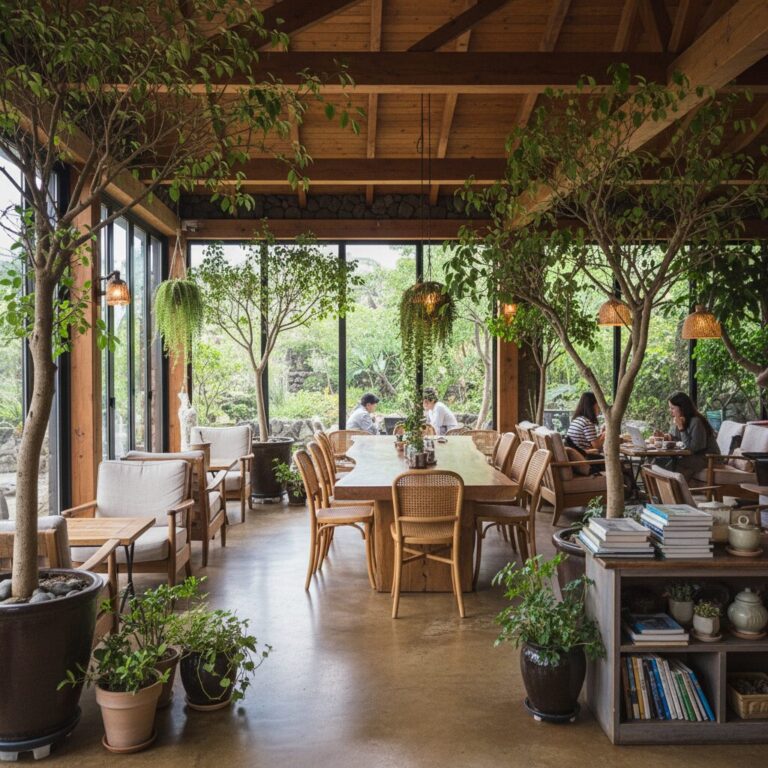 제주 위미리 카페 와랑와랑 내부, 나무와 식물이 있는 감성적인 인테리어