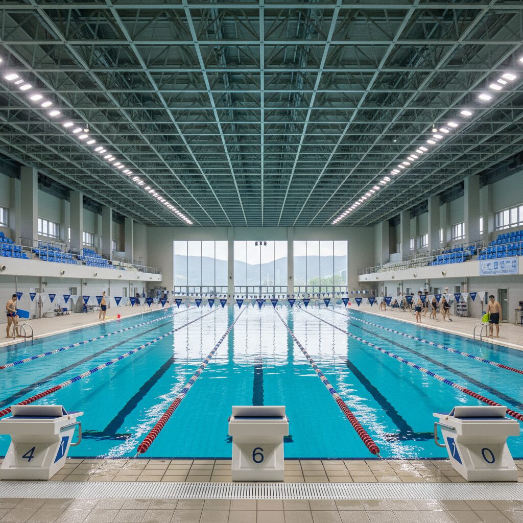 청주실내수영장 50미터 수영장 전경과 10개의 레인