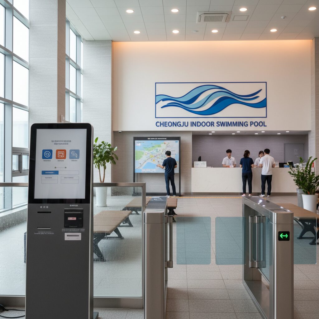 청주실내수영장 입구와 키오스크가 있는 로비