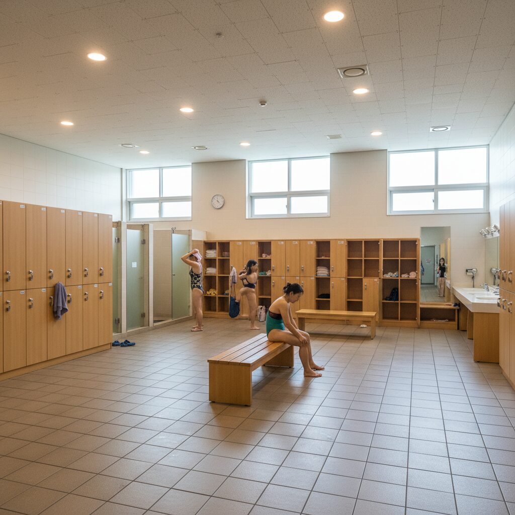 청주실내수영장 넓은 여성 탈의실 내부와 락커