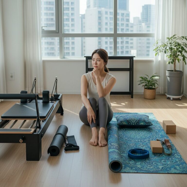 필라테스와 요가 중 고민하는 여성을 상징하는 이미지