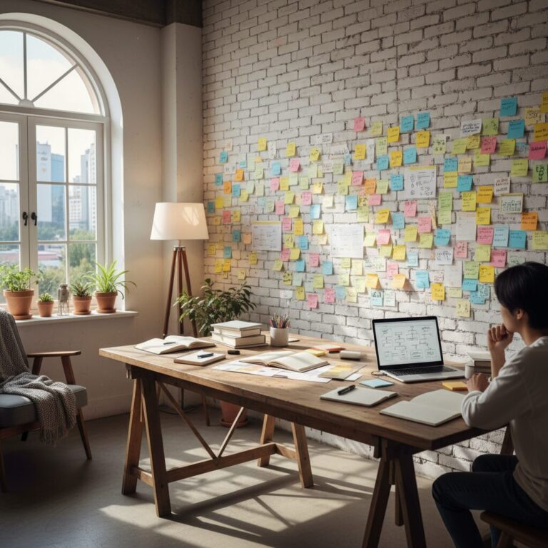 벽에 아이디어 포스트잇이 붙어 있고, 창문으로 빛이 들어오는 창의적인 작업 공간