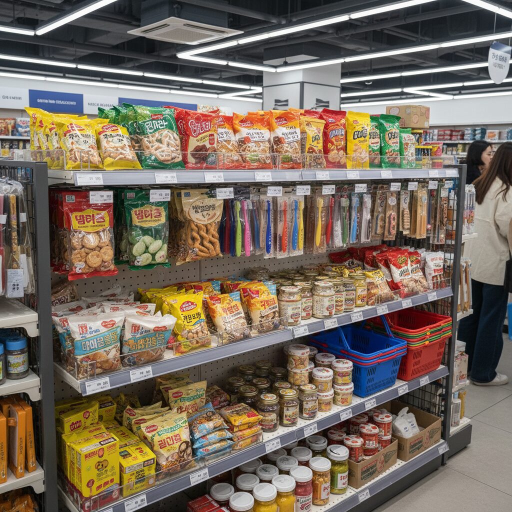 다이소 근본이즘 컬렉션에 진열된 레트로 과자와 생활용품들