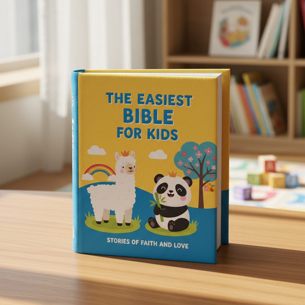 라마와 판다 일러스트가 그려진 노란색과 파란색 표지의 어린이 쉬운말 성경