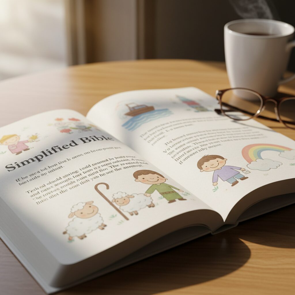 쉬운말 성경 내부 페이지, 큰 글씨와 귀여운 일러스트가 함께 인쇄됨