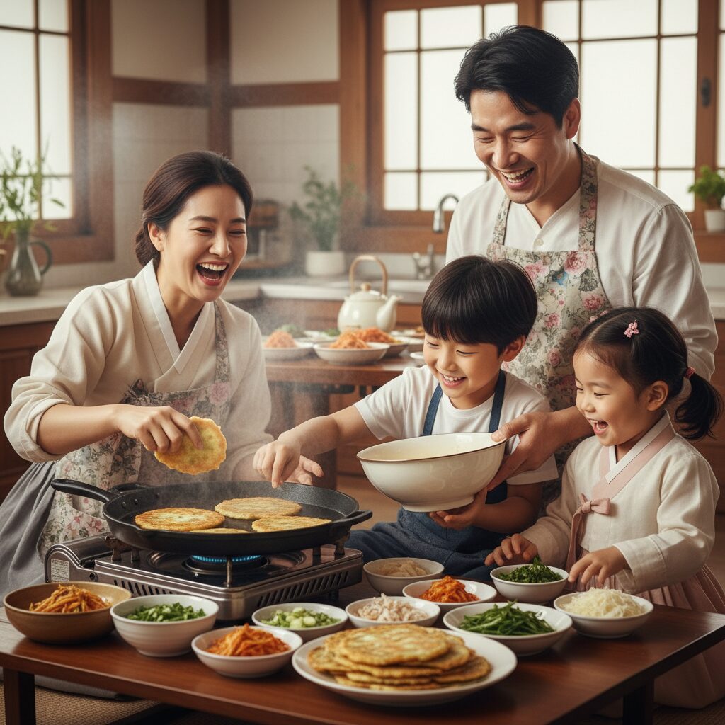 가족이 함께 전을 부치며 웃고 있는 모습