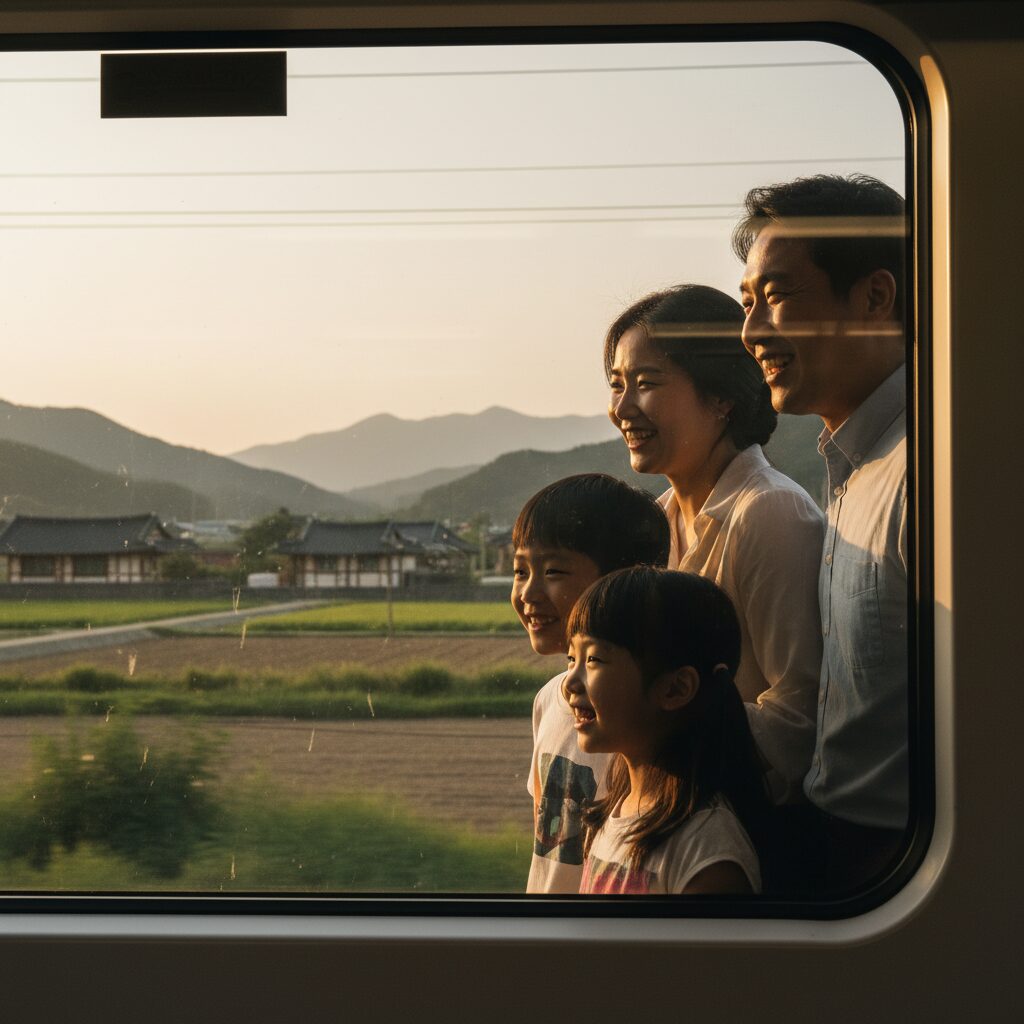 기차 창가에서 웃고 있는 가족의 실루엣