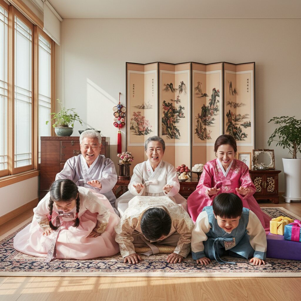 한복을 입고 세배를 하며 웃고 있는 가족의 행복한 모습
