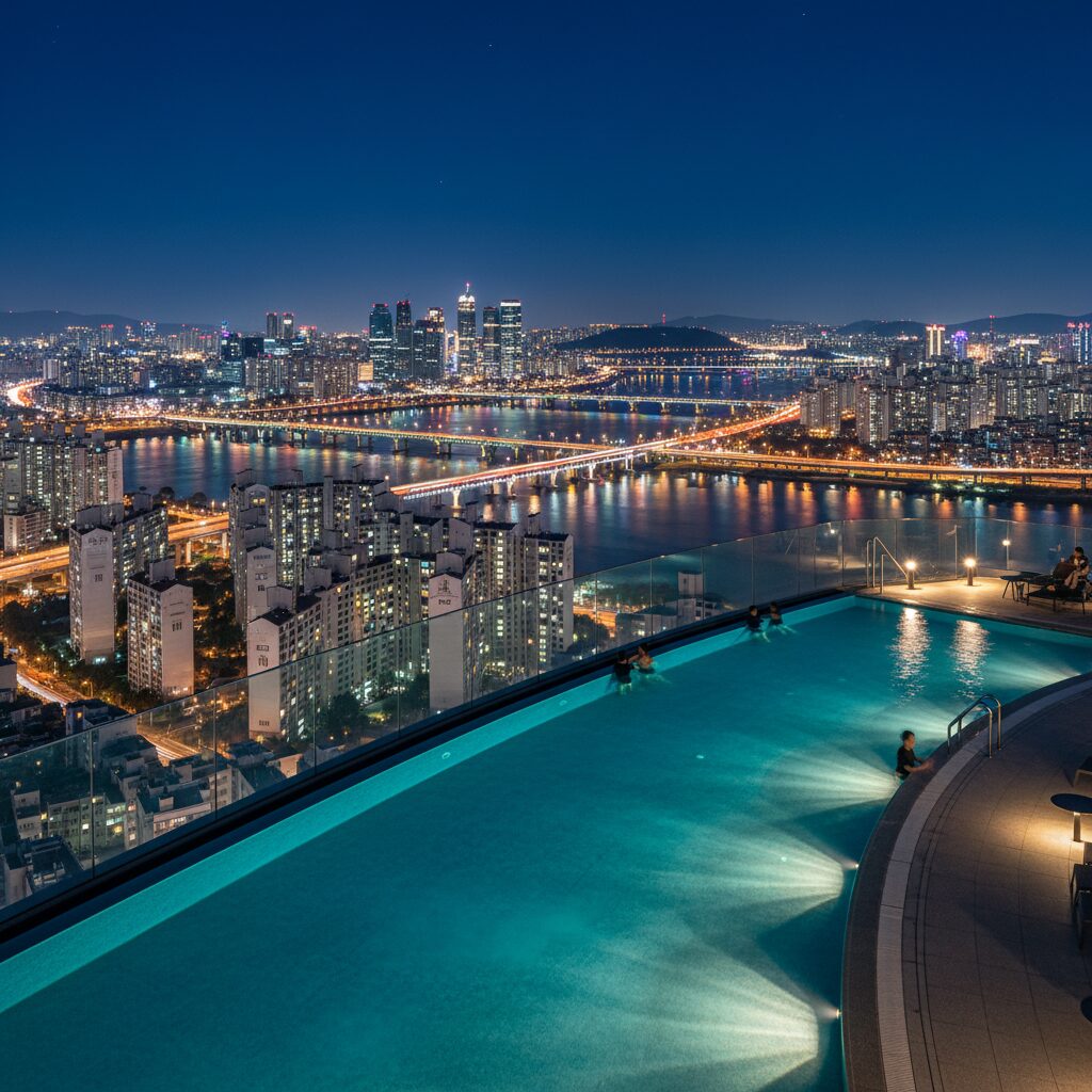 호텔 나루 서울 엠갤러리에서 바라본 한강 야경과 인피니티풀