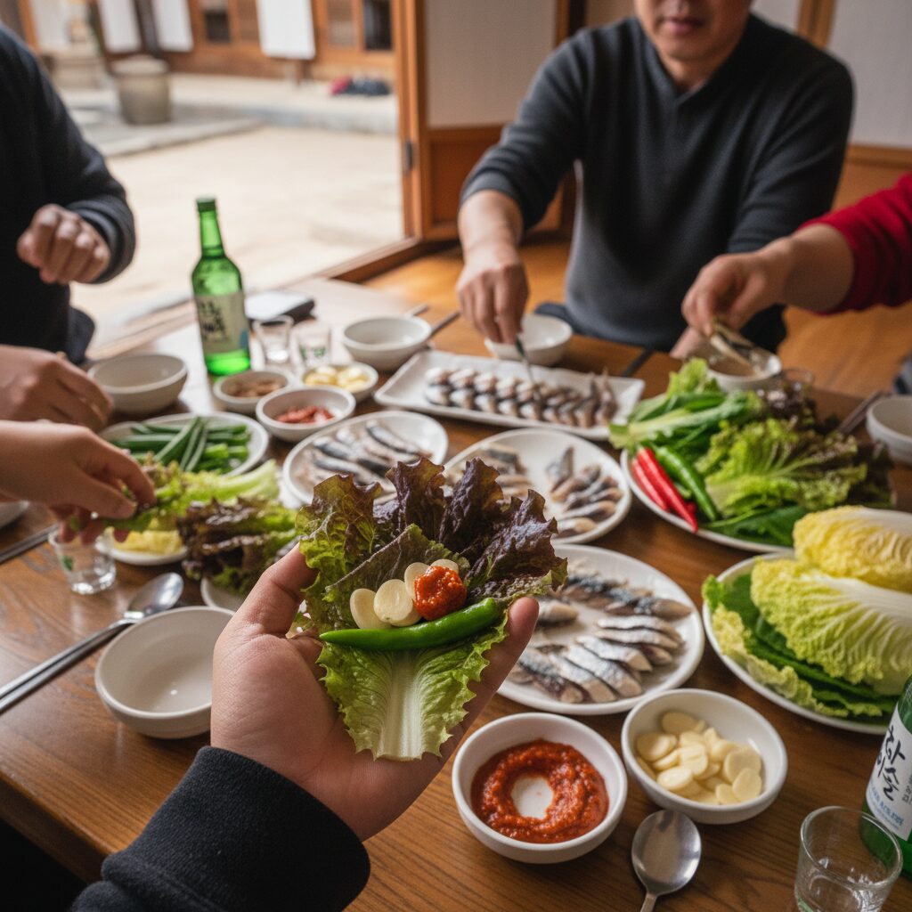 과메기를 야채에 싸 먹는 방법을 보여주는 사진