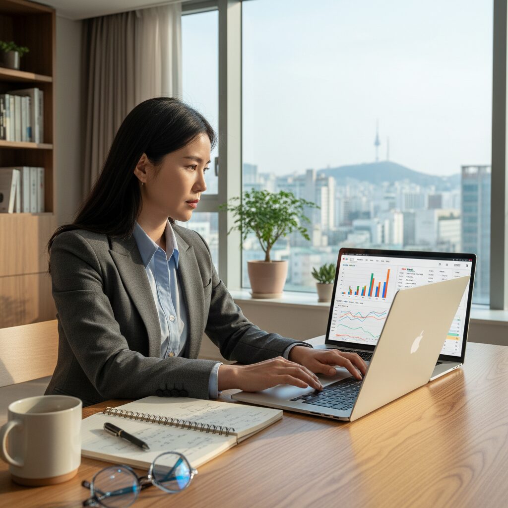 노트북으로 투자 계획을 세우는 투자자