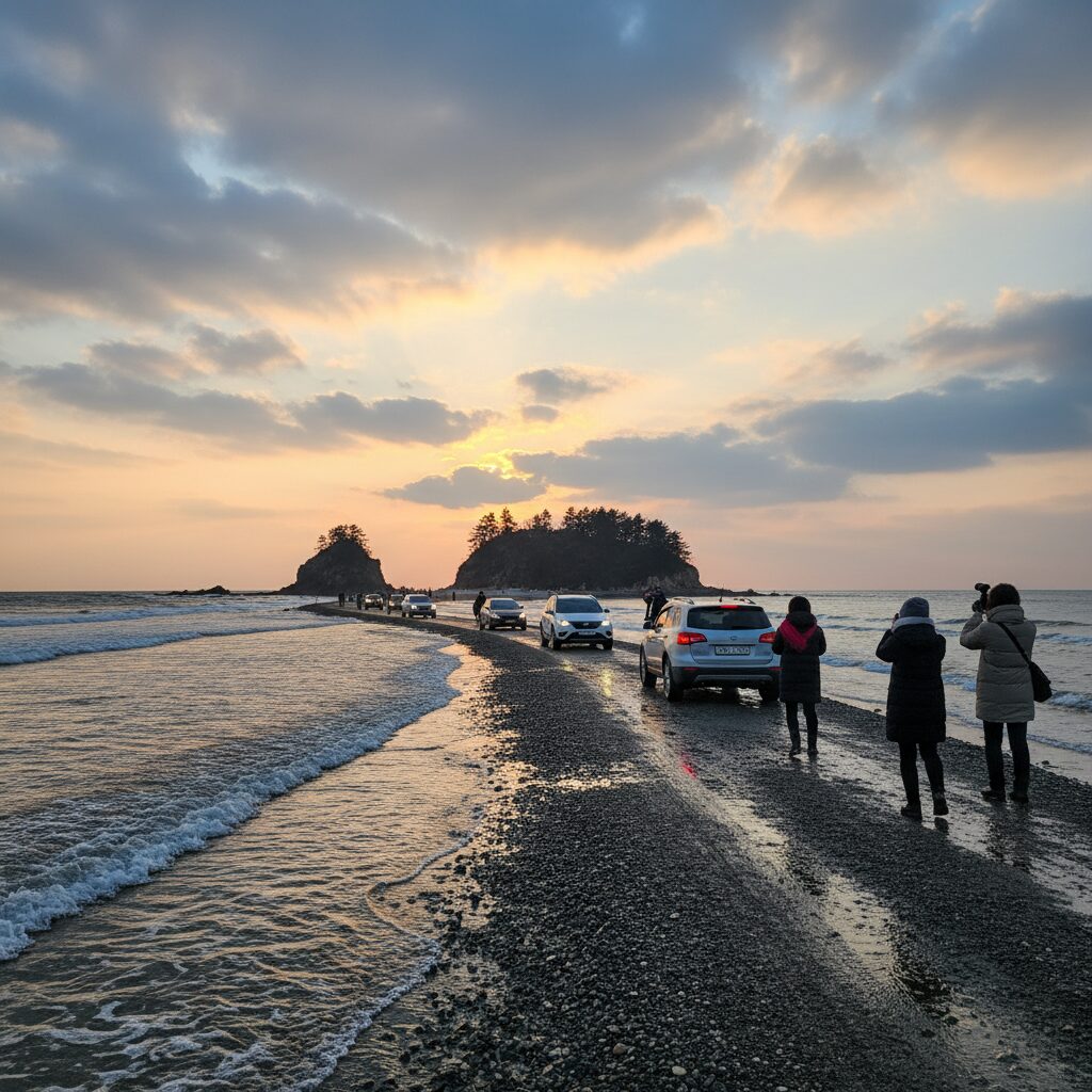 겨울 제부도 모세의 기적 바닷길과 차량 통행 모습