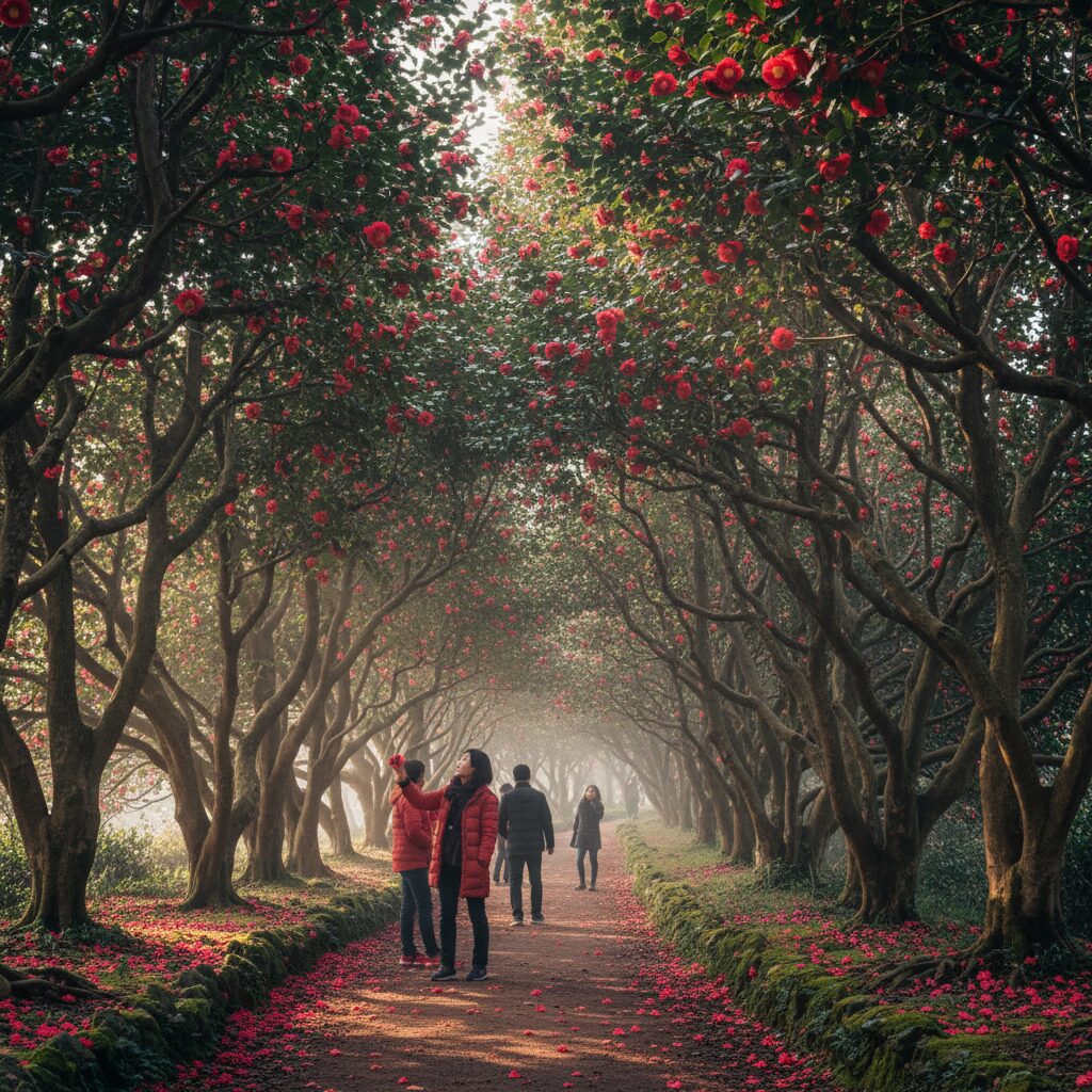 제주 휴애리 동백올레길, 붉은 동백꽃이 가득 핀 울창한 나무길