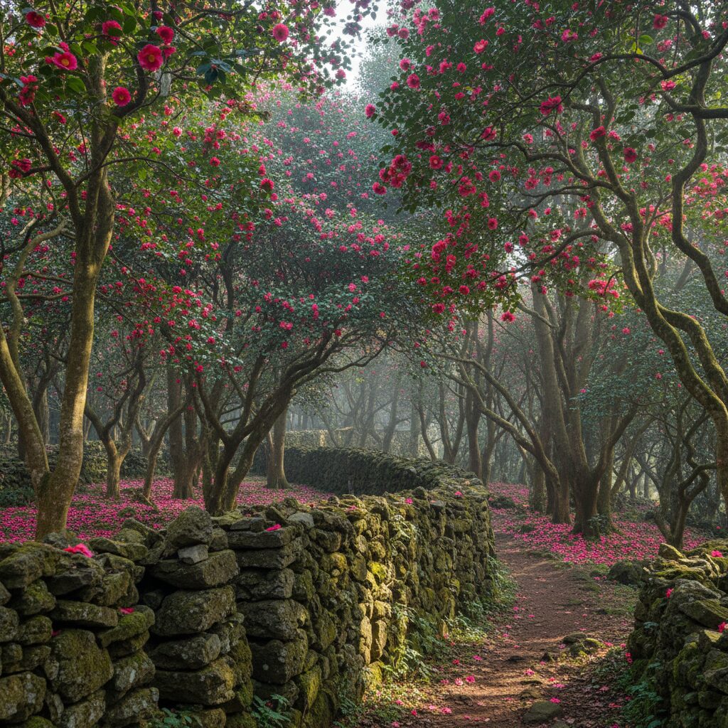 제주 위미리 동백나무군락지, 돌담과 울창한 동백 숲의 고즈넉한 풍경