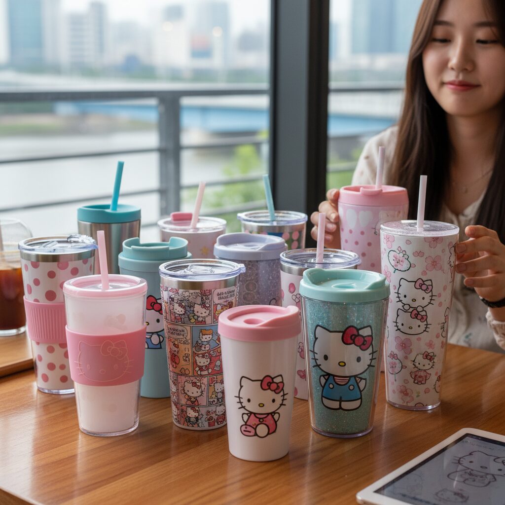 다양한 디자인의 키티 텀블러를 모아놓은 사진