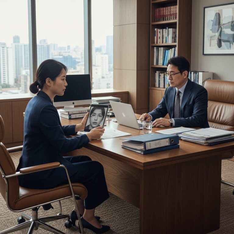 딥페이크 범죄 혐의로 변호사와 법률 상담을 진행하는 모습