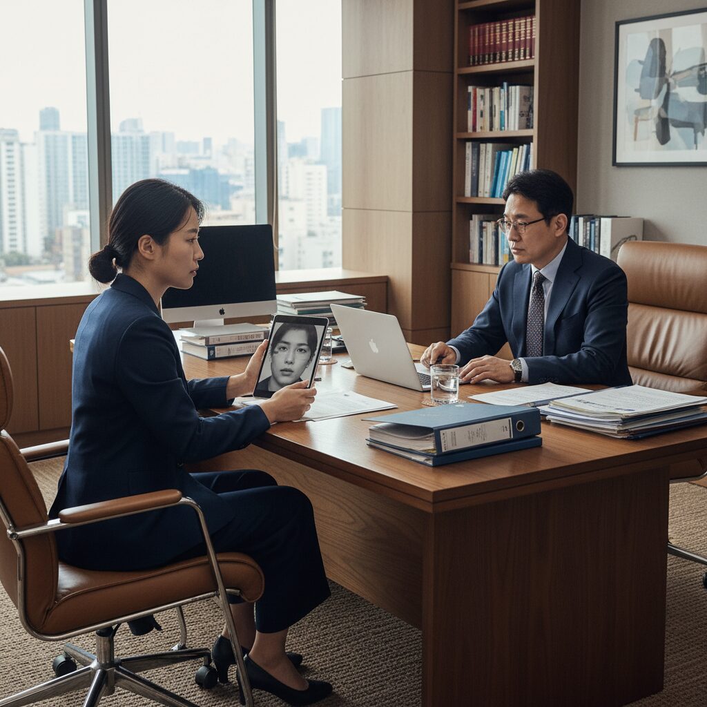 딥페이크 범죄 혐의로 변호사와 법률 상담을 진행하는 모습
