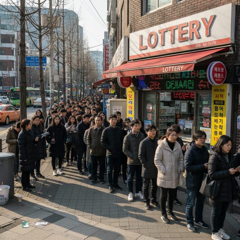 유명 로또 판매점 앞에 사람들이 줄 서 있는 모습