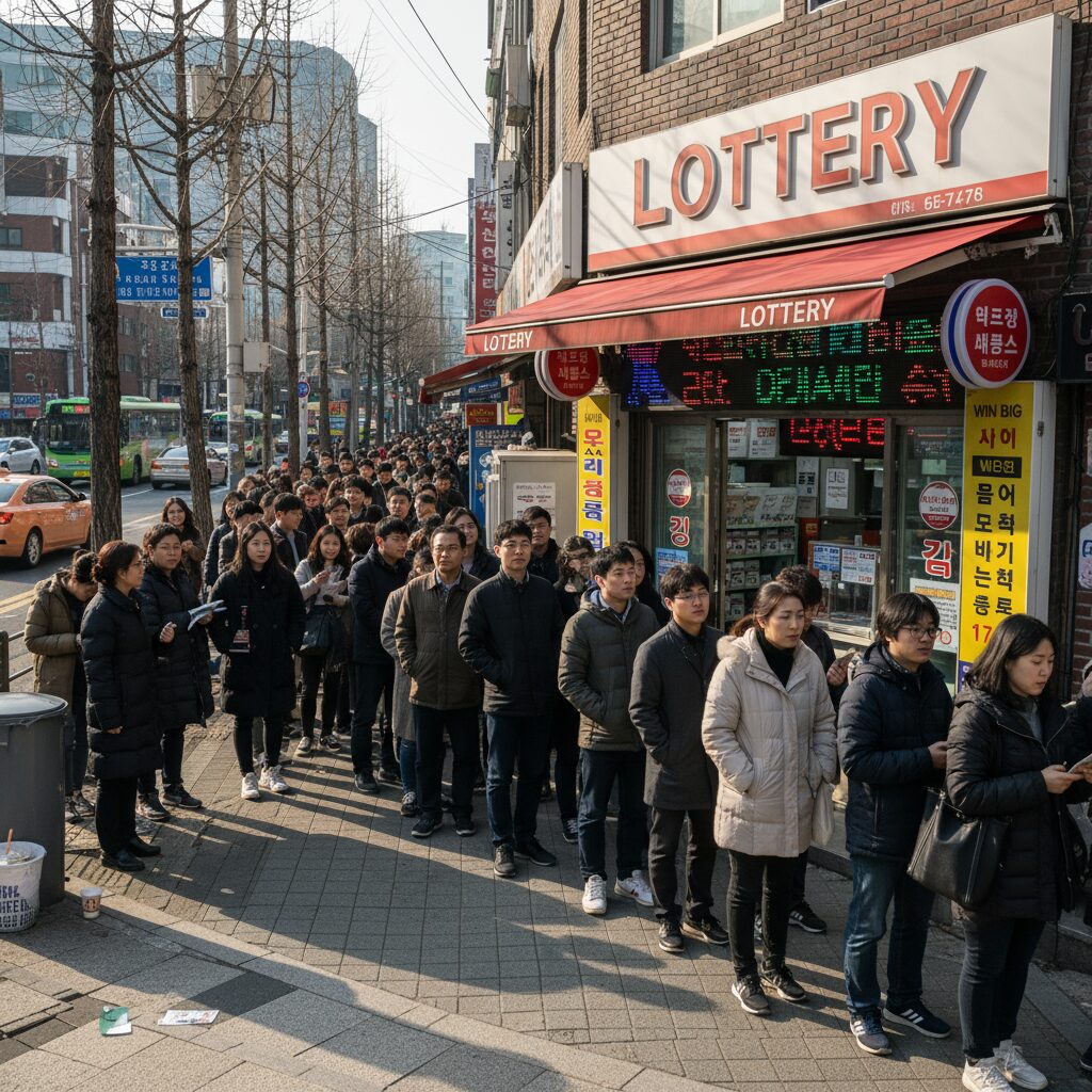 유명 로또 판매점 앞에 사람들이 줄 서 있는 모습