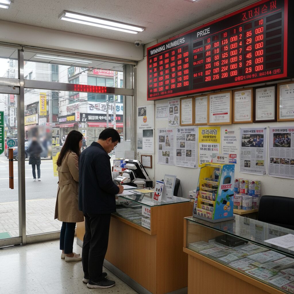 로또 판매점 내부의 당첨 현황판과 구매 공간