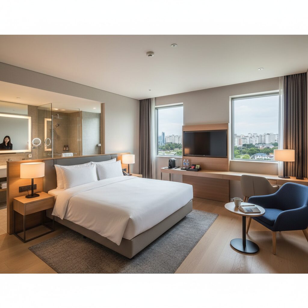 머큐어 서울 마곡 호텔의 깔끔한 객실 내부와 편의시설