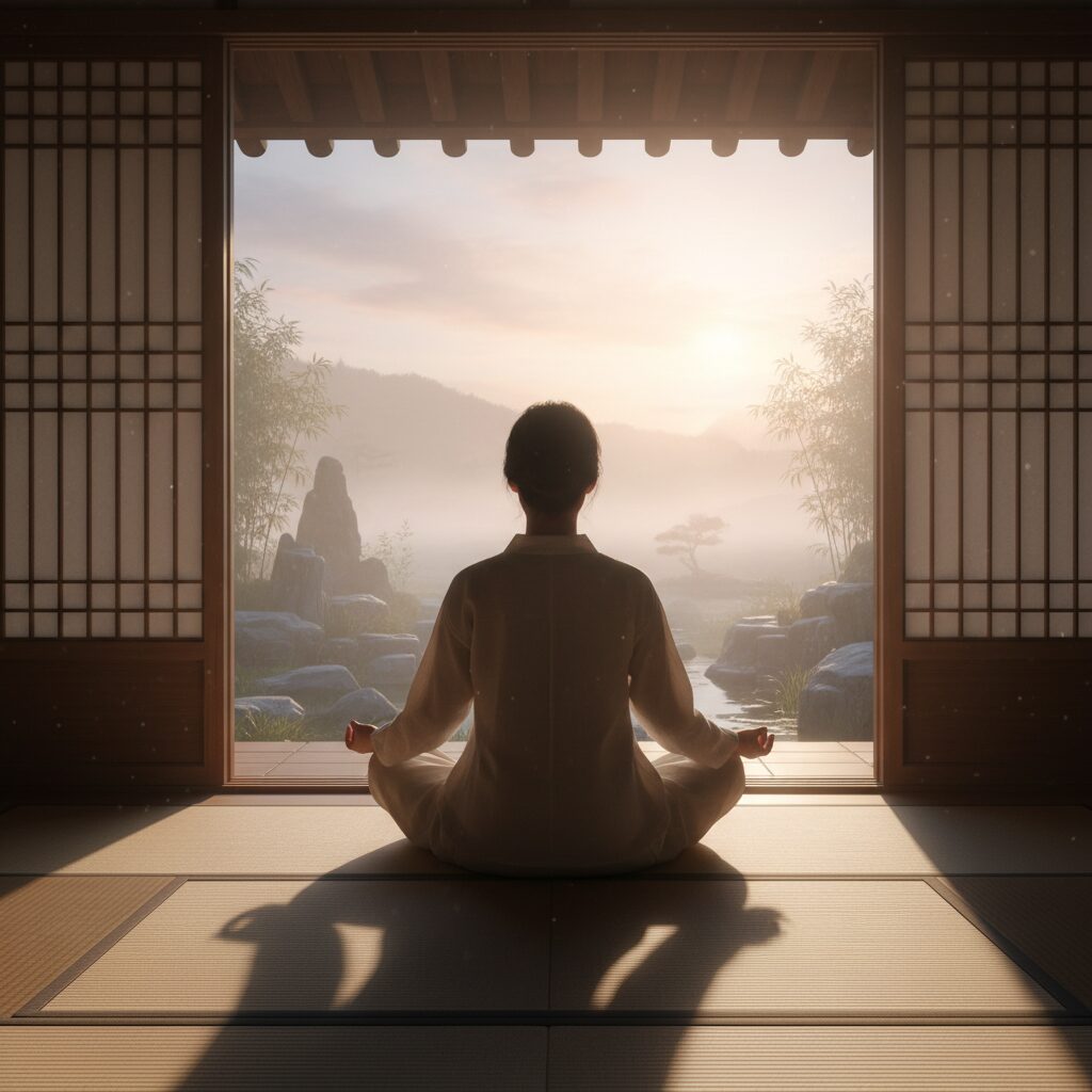 창가에서 명상하는 여성의 실루엣, 평화로운 아침 분위기