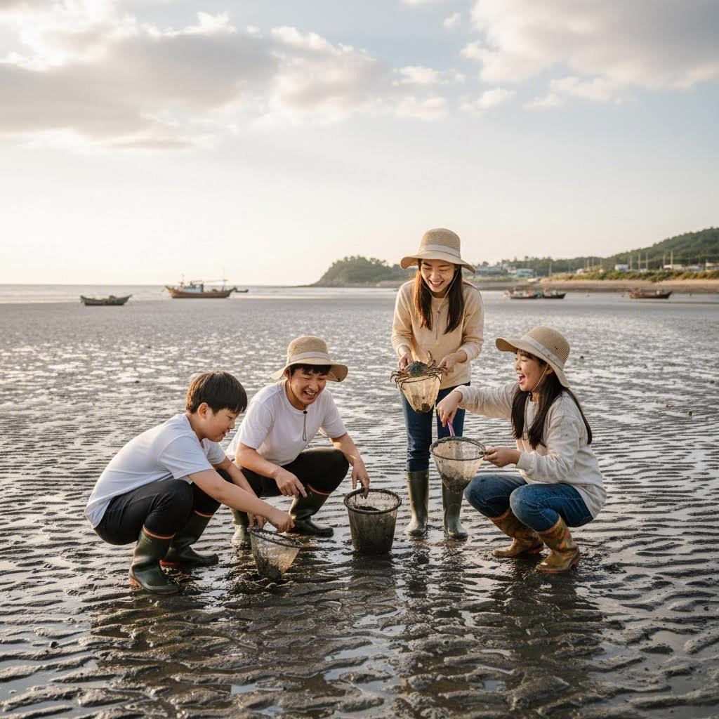 무안 갯벌에서 가족이 함께 게를 잡으며 체험하는 모습