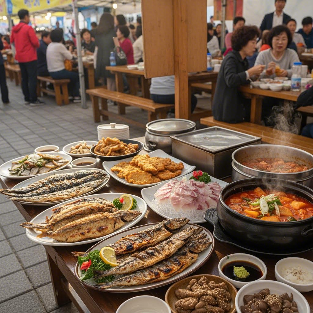 무안 숭어축제에서 제공되는 다양한 숭어 요리 접시