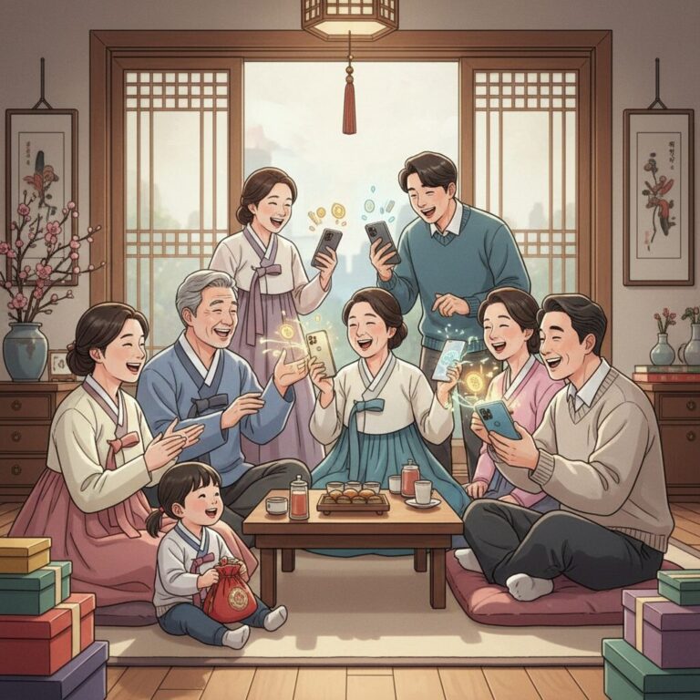 다양한 세대의 사람들이 웃으며 대화를 나누고, 스마트폰으로 세뱃돈을 송금하는 모습을 상징적으로 표현한 일러스트