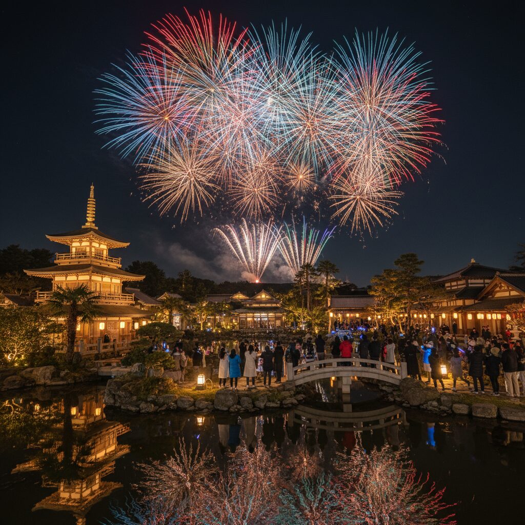 동두천 일본마을 니지모리 스튜디오 야간 불꽃놀이와 조명