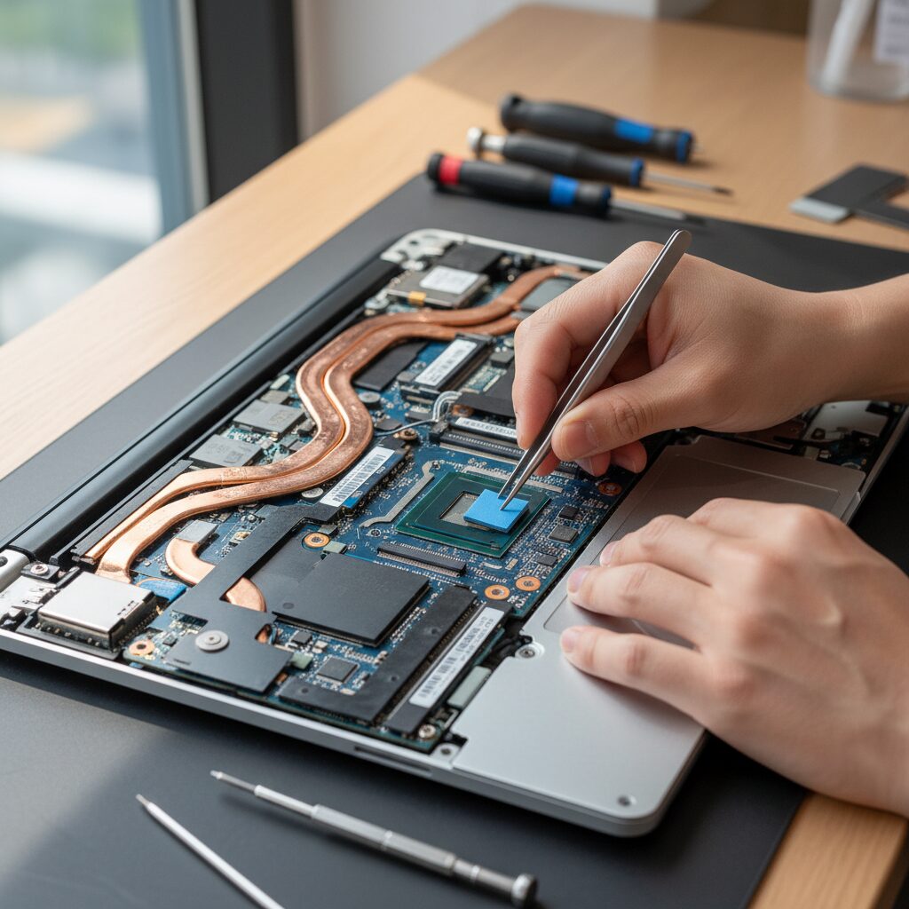 노트북 내부에 써멀 패드를 부착하는 과정