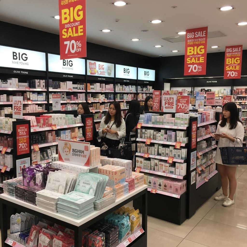 올리브영 매장 내 빅세일 행사 포스터와 할인 상품 진열 모습