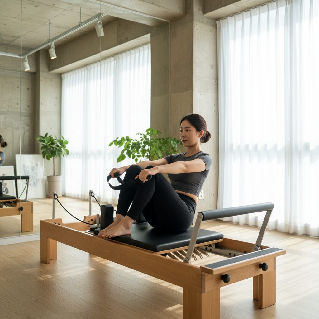 필라테스 리포머 기구를 사용하는 여성이 코어 운동을 하고 있다