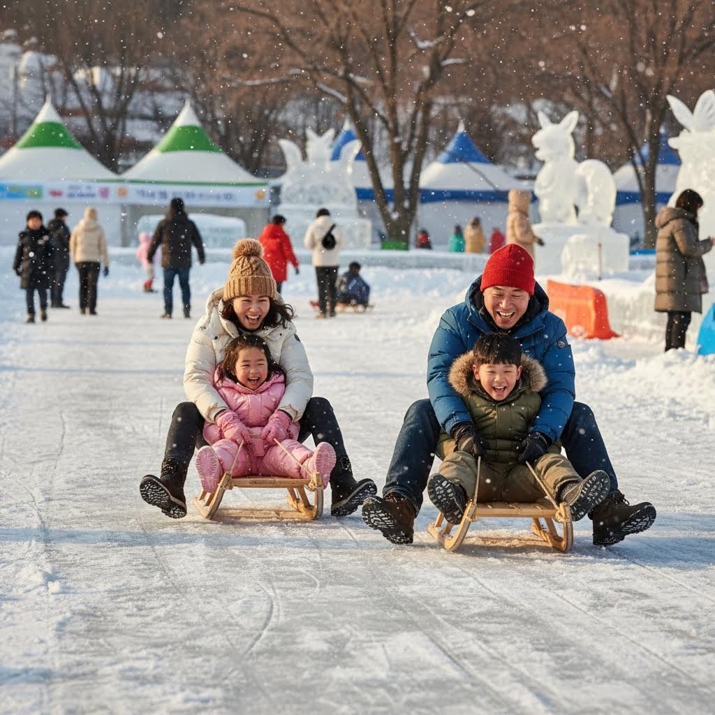 포천 동장군축제 얼음썰매장에서 가족들이 즐겁게 썰매 타는 모습