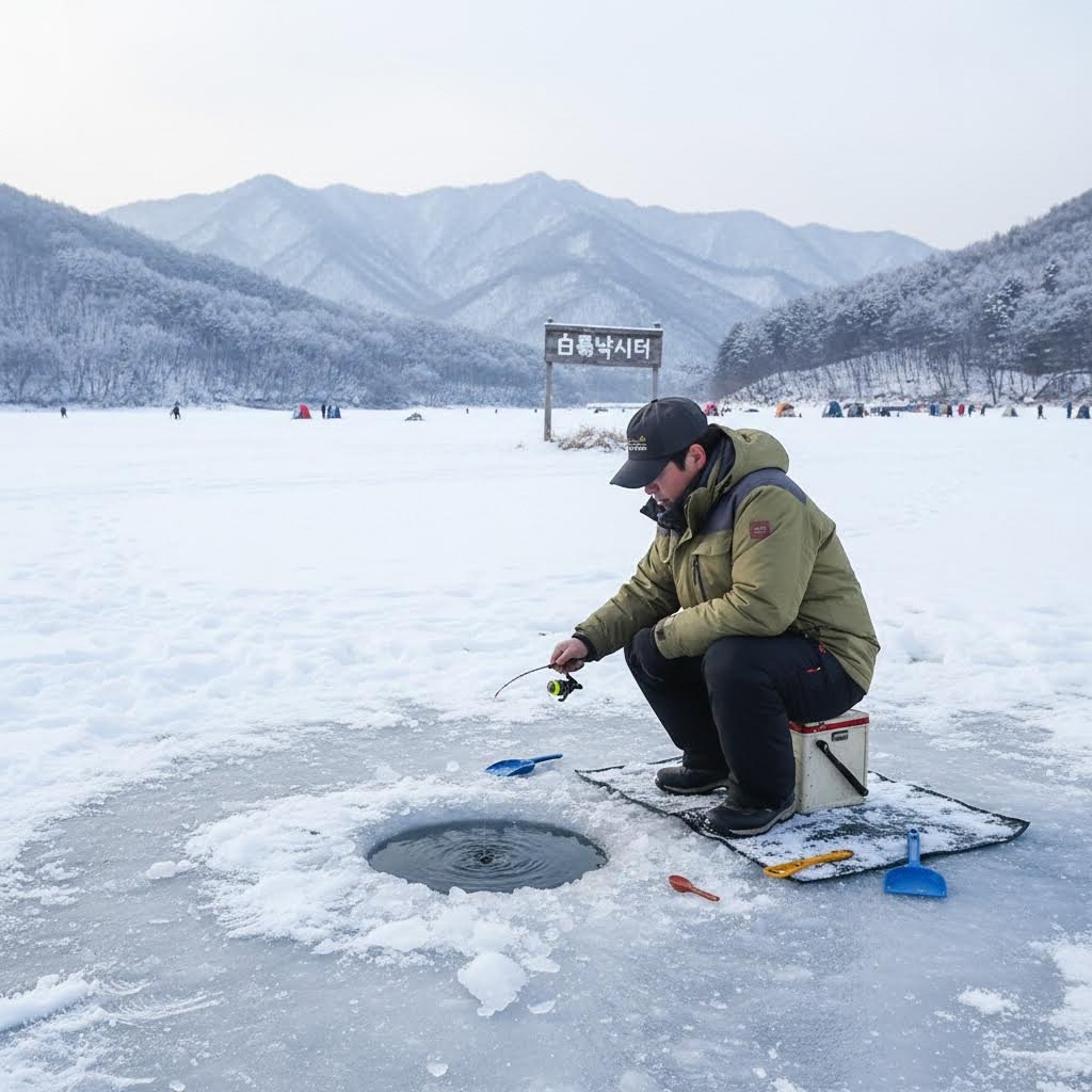 포천 백운낚시터에서 얼음 구멍으로 송어 낚시하는 모습