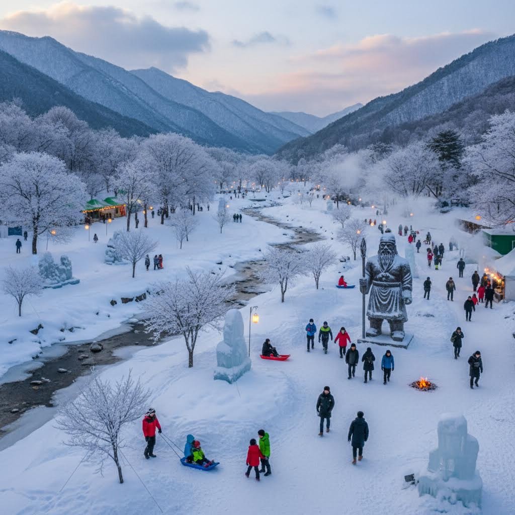 겨울 포천 백운계곡 동장군축제 전경과 눈 덮인 풍경