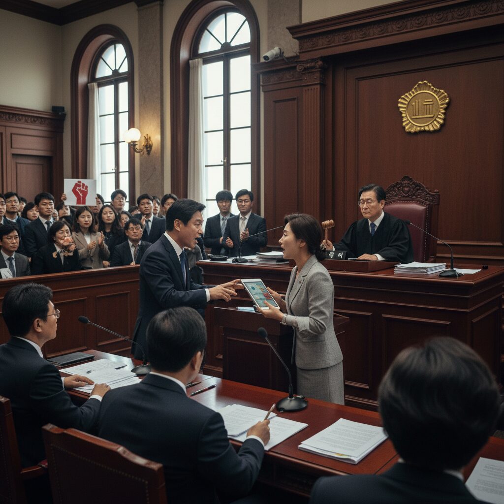 법정에서 벌어지는 정치적 논쟁을 상징하는 이미지