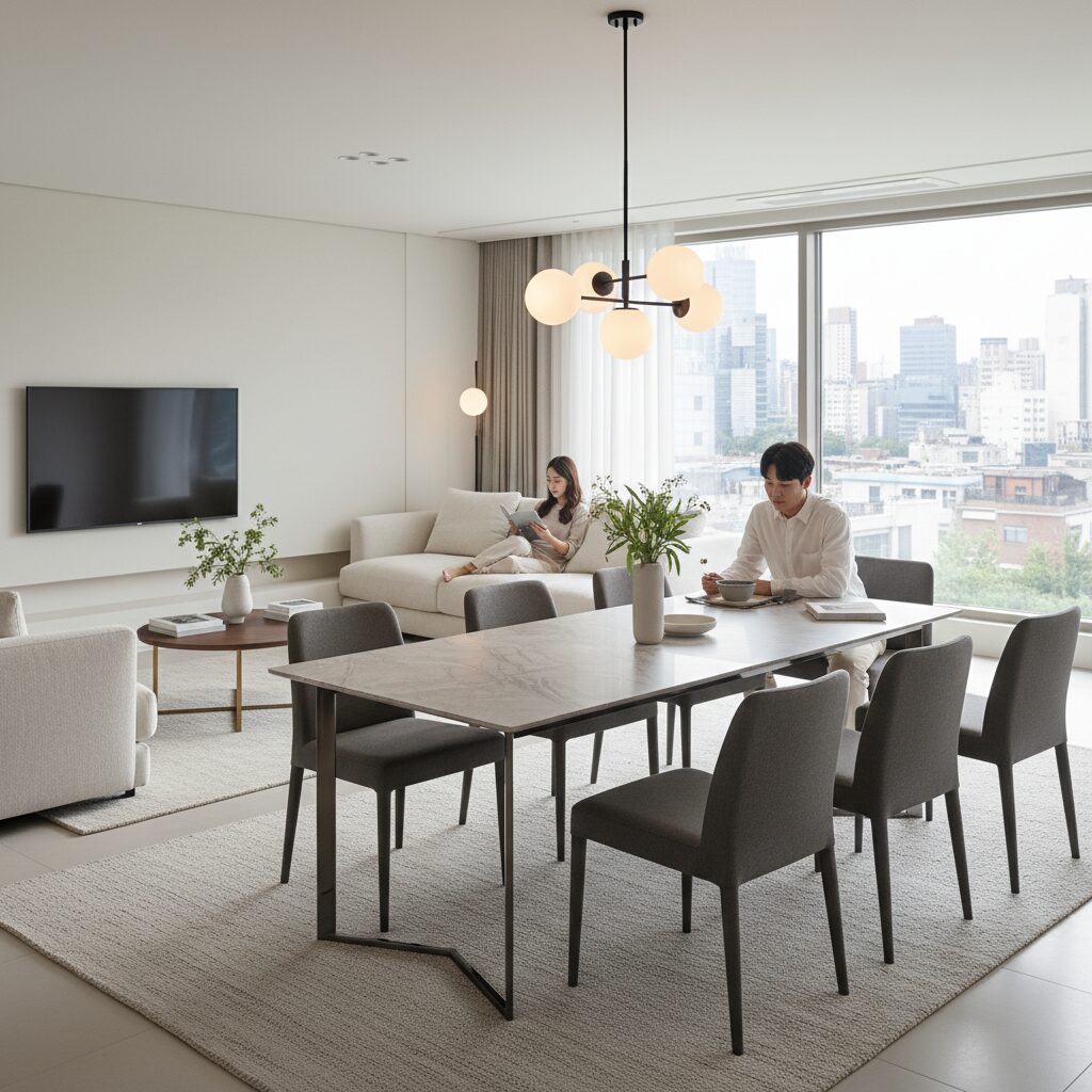 세라믹 상판과 스틸 프레임으로 제작된 모던한 디자인의 식탁이 있는 거실 인테리어