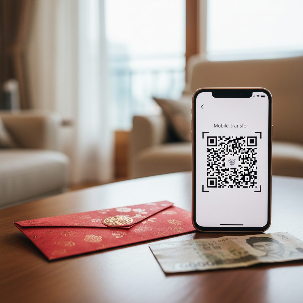 빨간색 전통 세뱃돈 봉투와 스마트폰 화면에 표시된 모바일 송금 QR 코드가 나란히 놓여 있음
