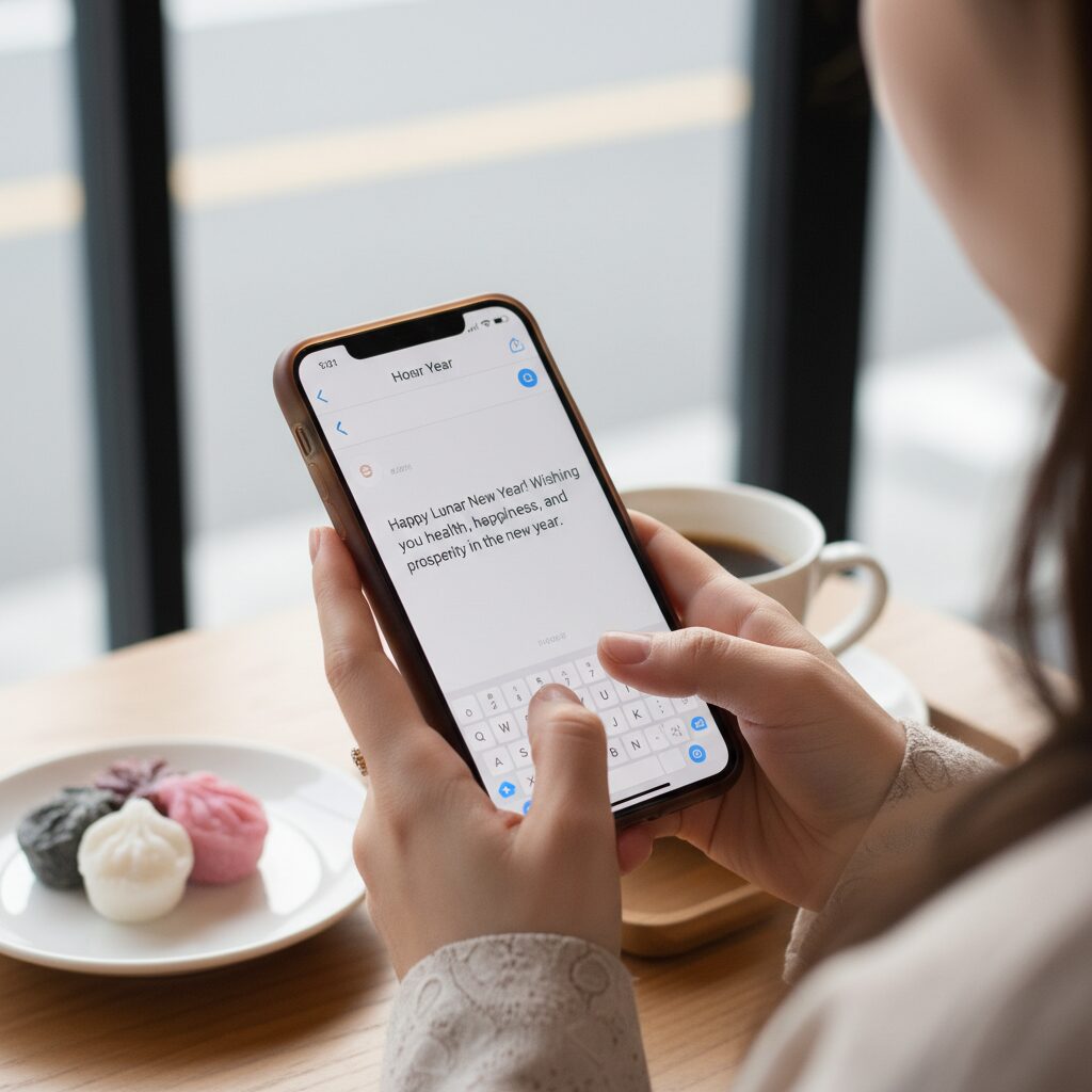 스마트폰으로 설 인사말을 작성하고 있는 여자의 손과 휴대폰 화면