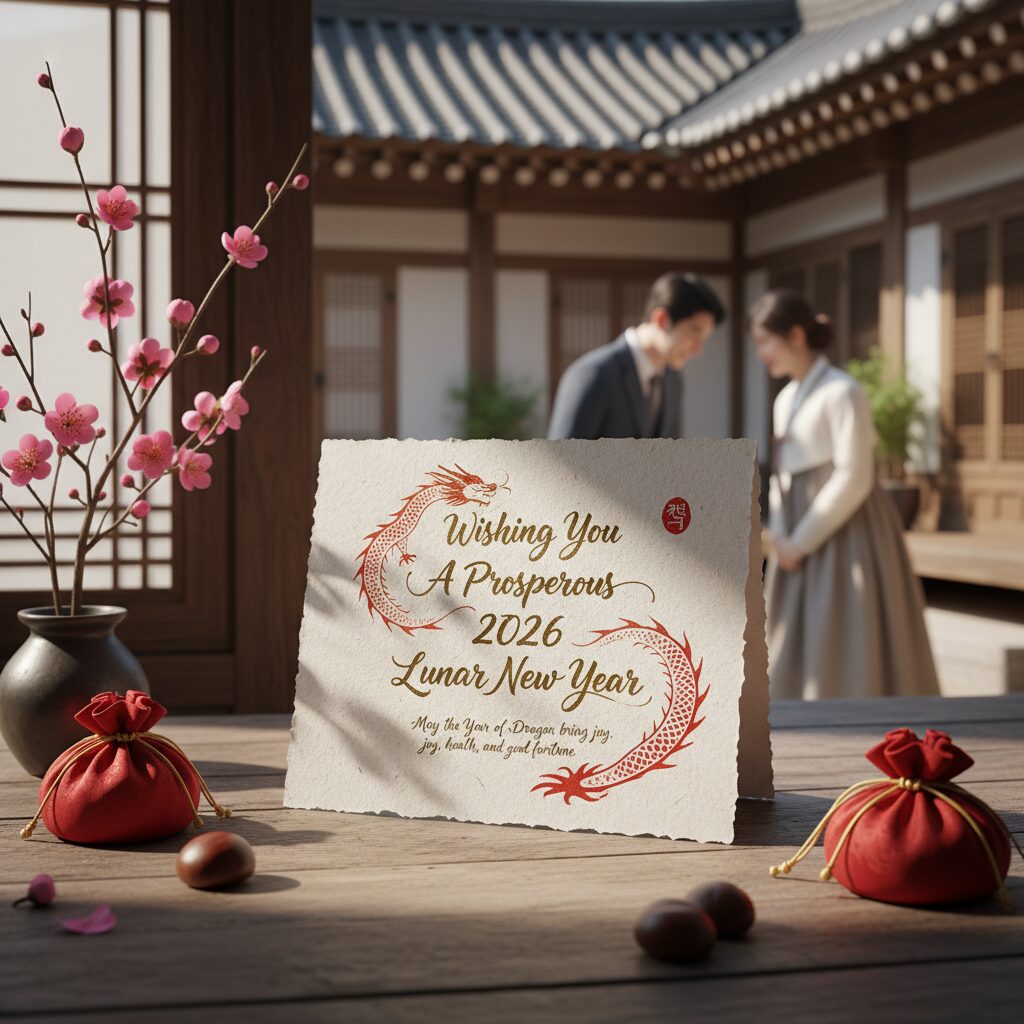 2026 설날 인사말이 쓰여진 아름다운 한지 배경의 카드 이미지