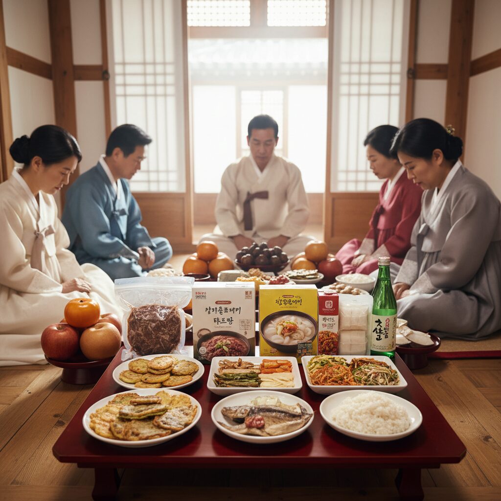 설날 차례상에 놓인 간편식 밀키트와 간단한 음식들