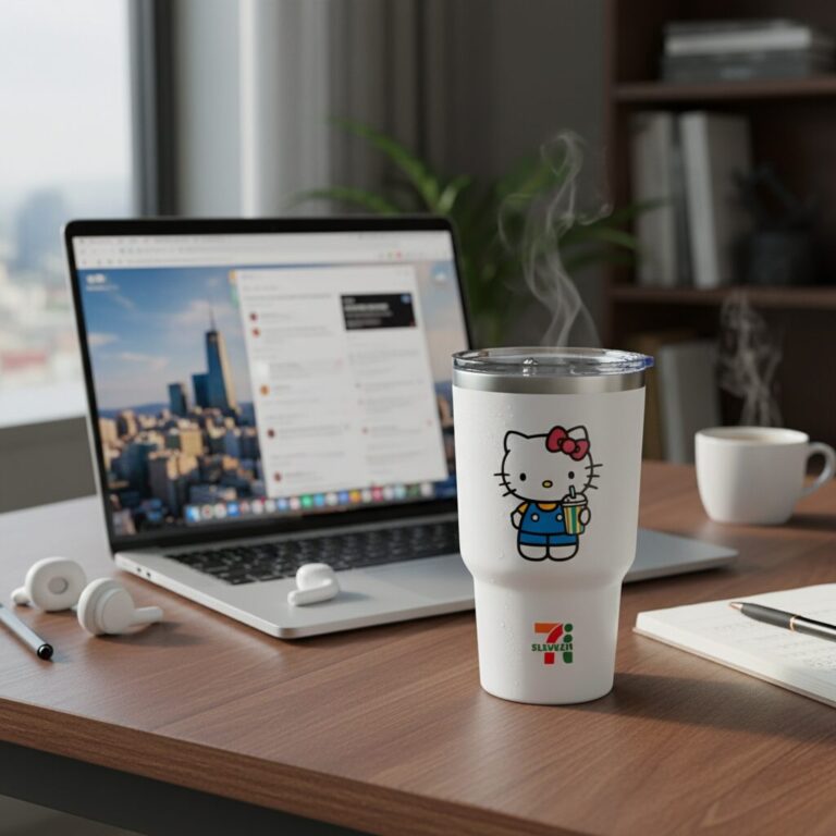 책상 위에 놓인 세븐일레븐 키티 텀블러와 노트북